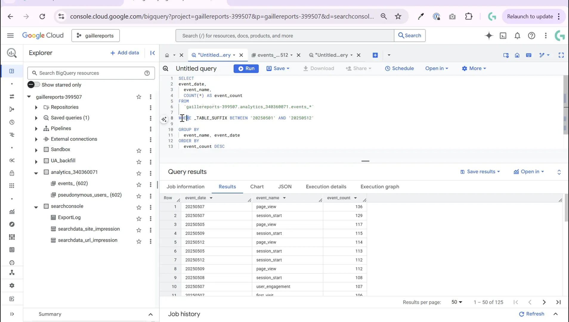 BigQuery results showing event counts by date