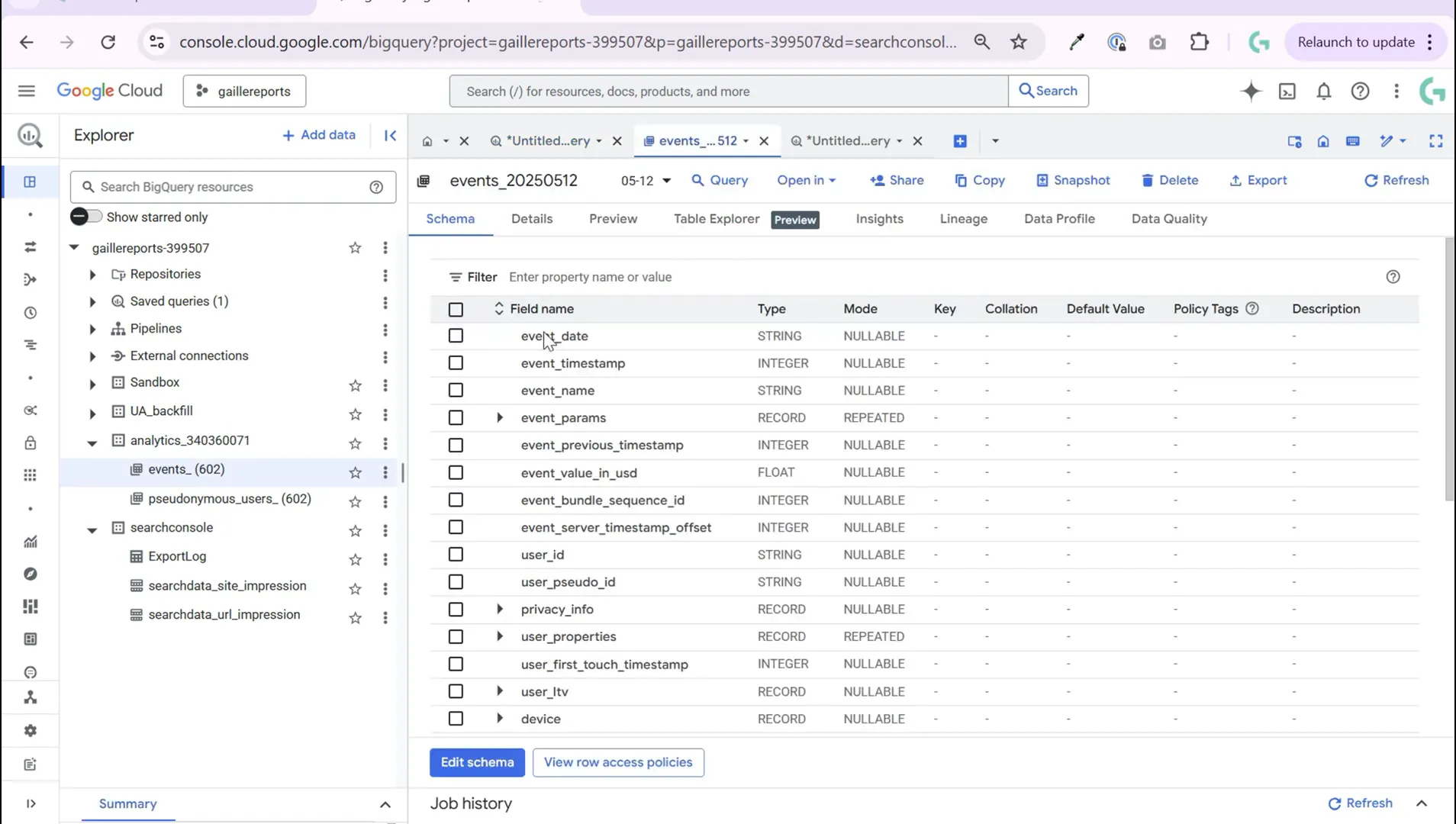BigQuery console showing GA4 events table schema