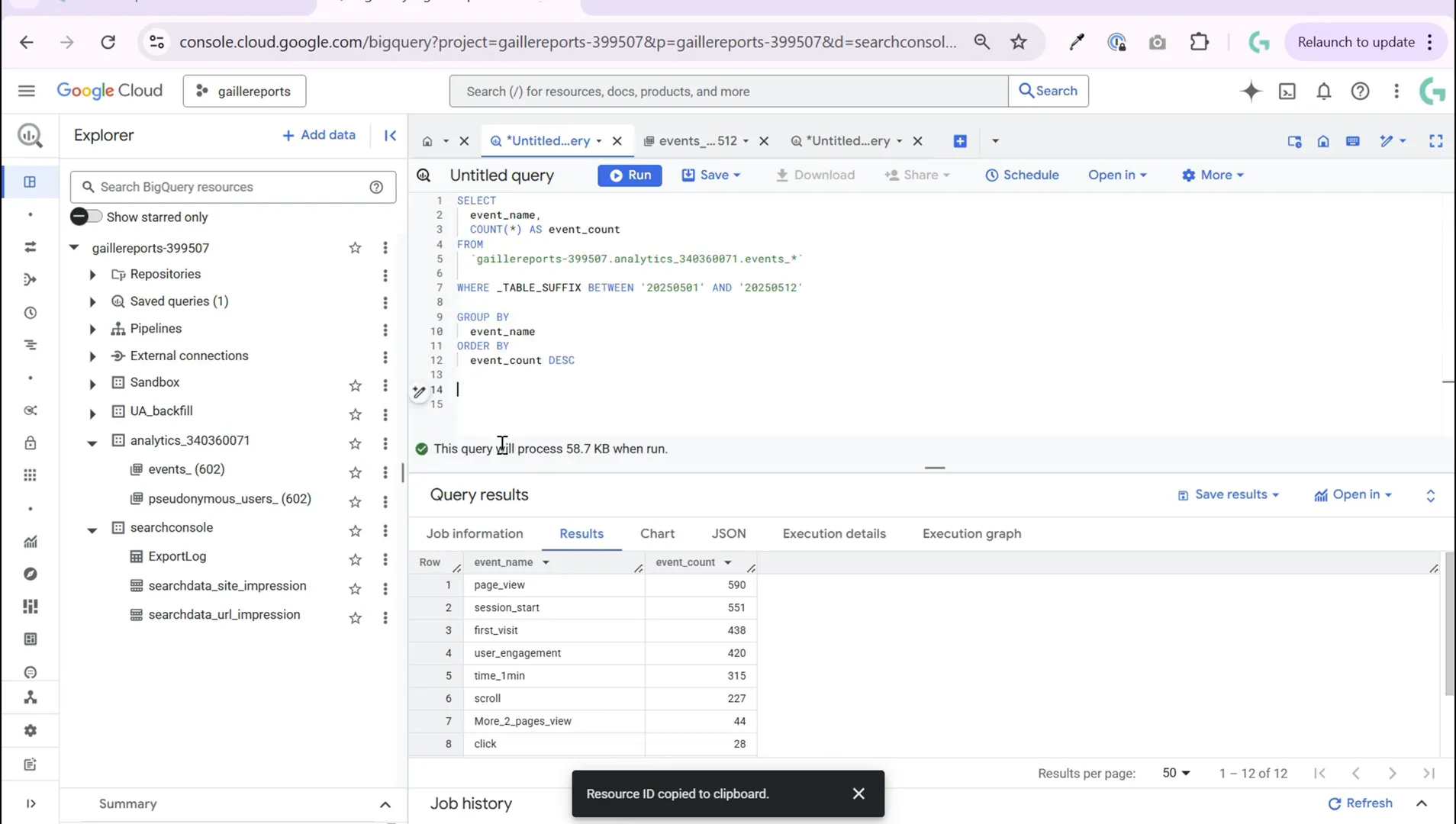 BigQuery showing query results with event counts