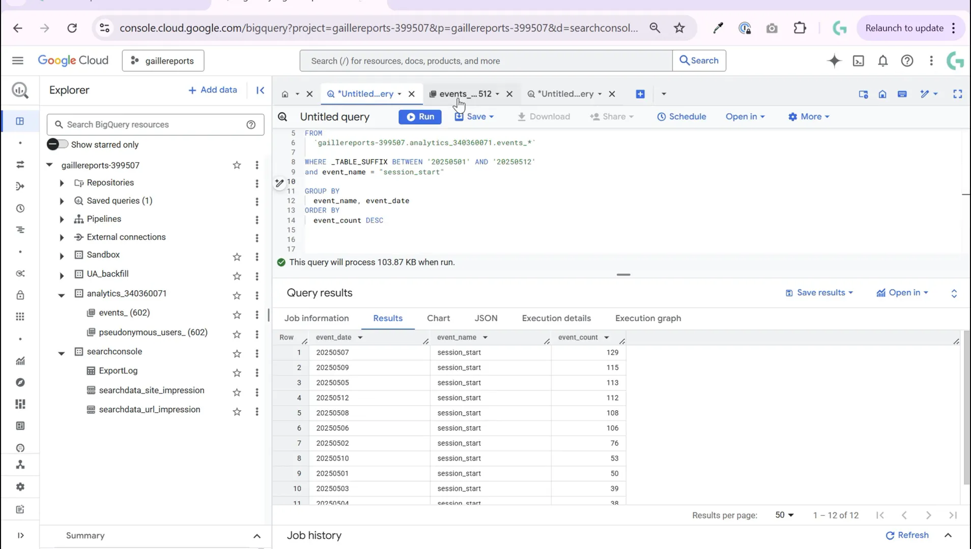 BigQuery query filtering session_start events by date