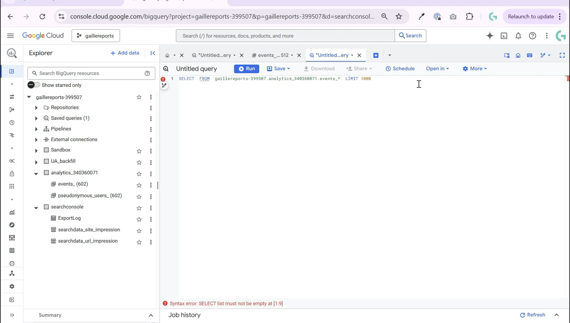BigQuery console showing query with wildcard for all tables