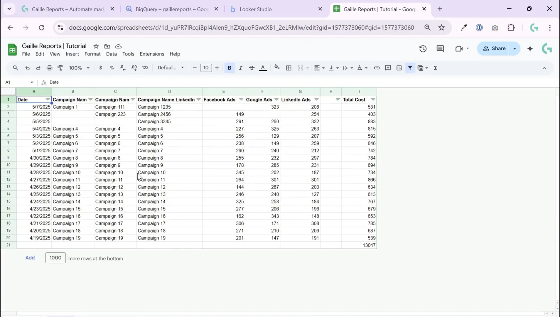 Initial table data showing first tab of Google Sheets