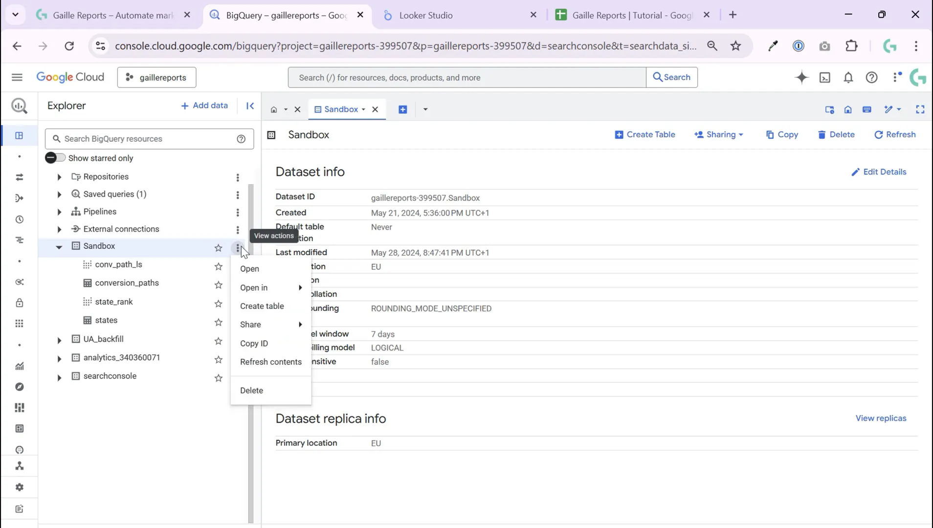 BigQuery dataset with three dots menu to create a table