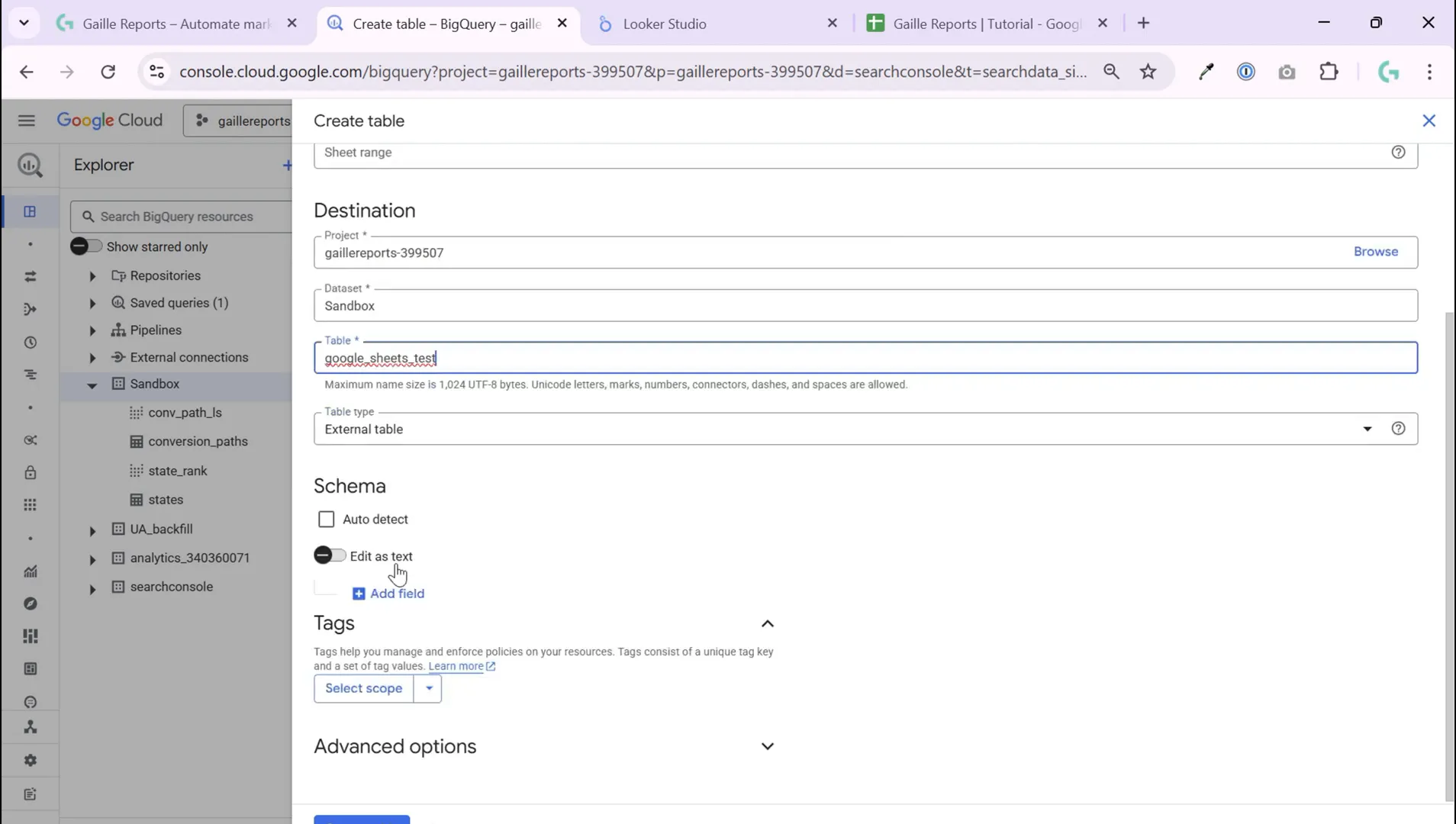 Naming table and choosing auto-detect schema in BigQuery