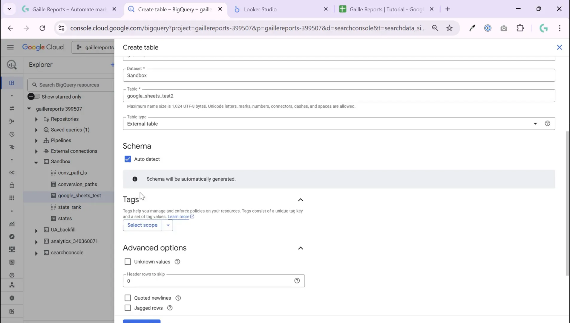 Confirming sheet range and advanced options for table creation