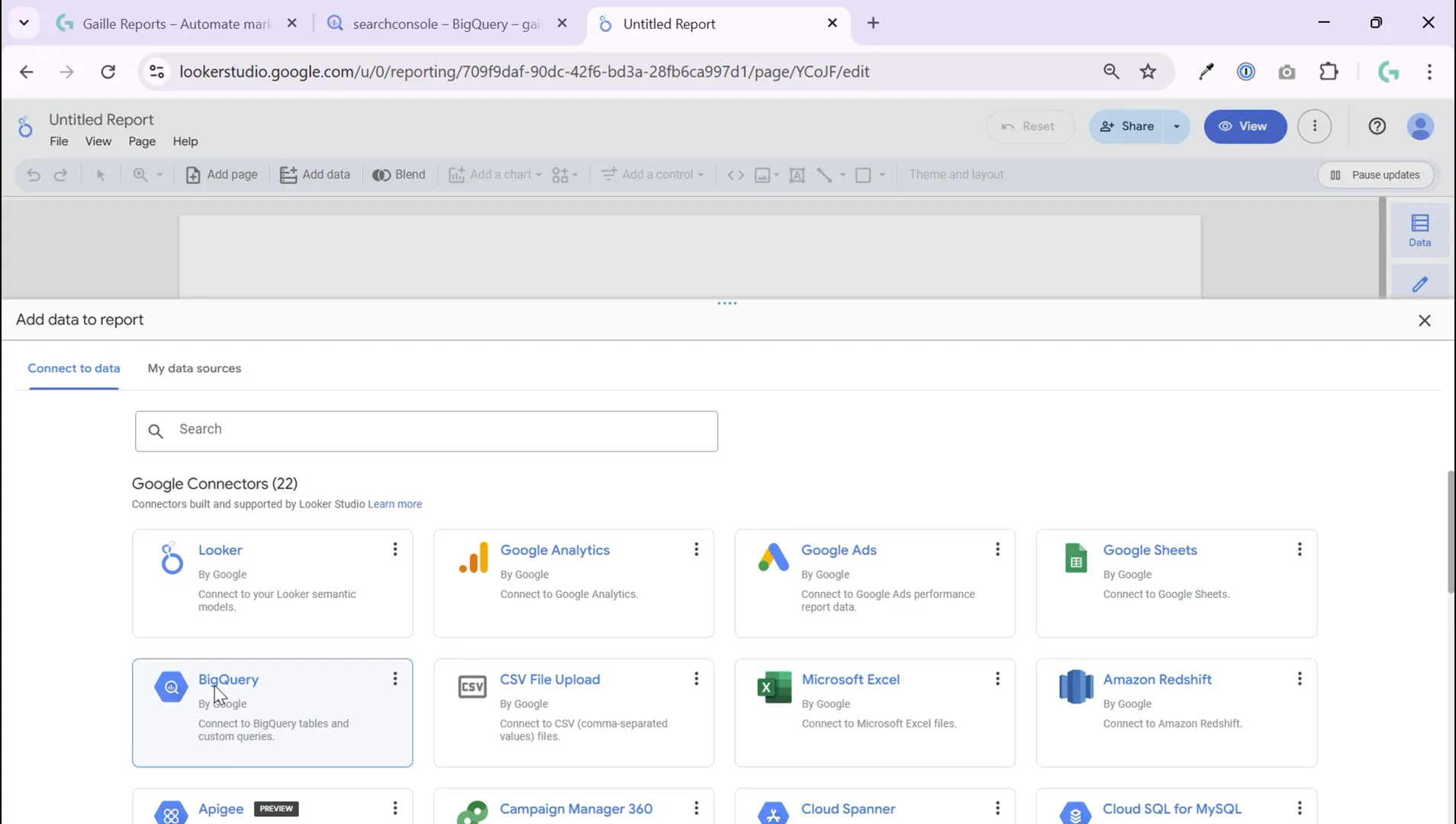 Creating a blank report and selecting BigQuery as data source