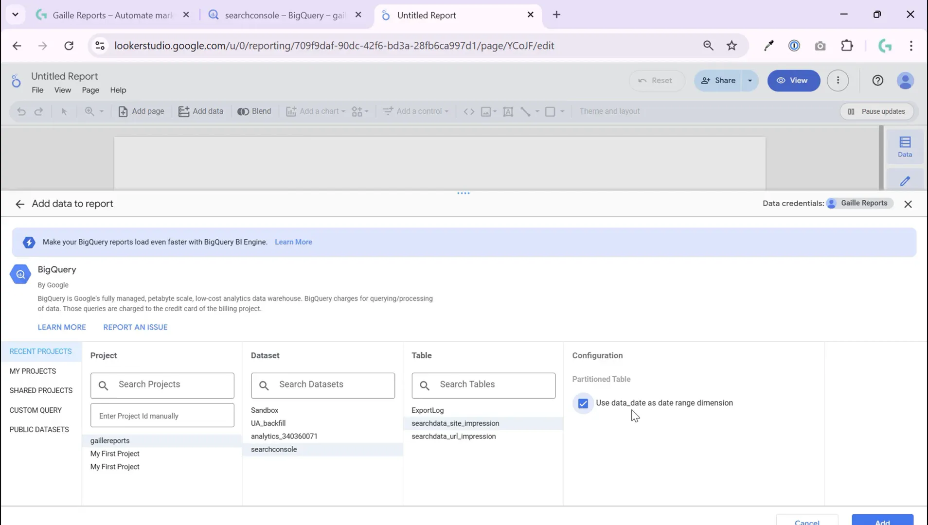 Configuring data source and adding to Looker Studio report