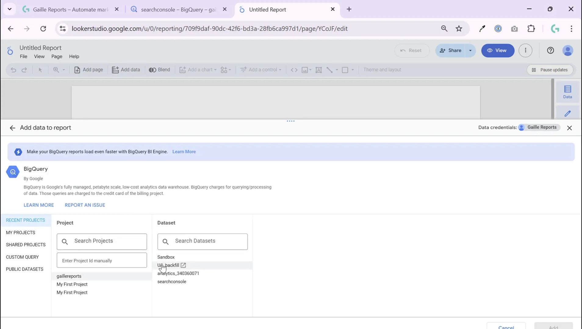 Selecting BigQuery project and dataset in Looker Studio