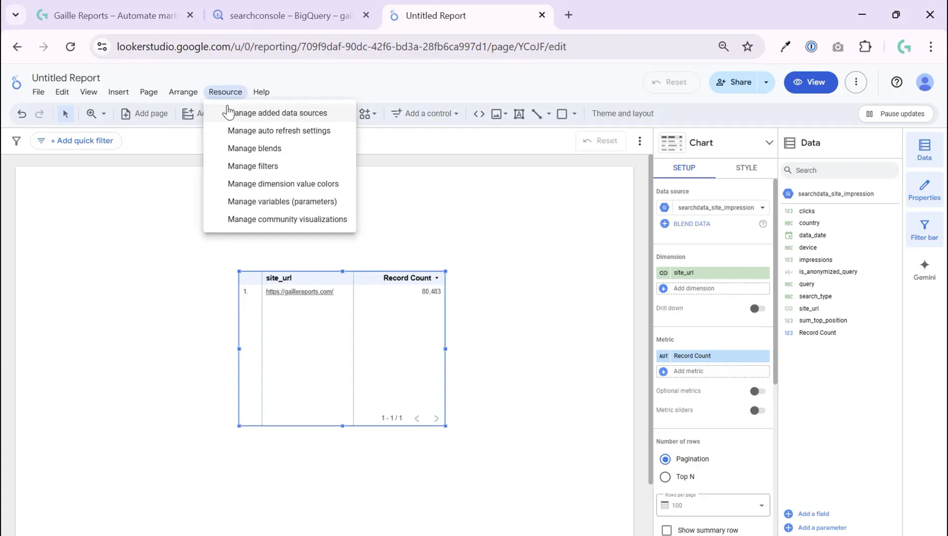 Managing and editing BigQuery data source in Looker Studio