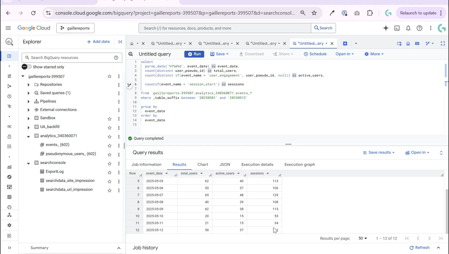 Query result showing total users, active users, and sessions by day
