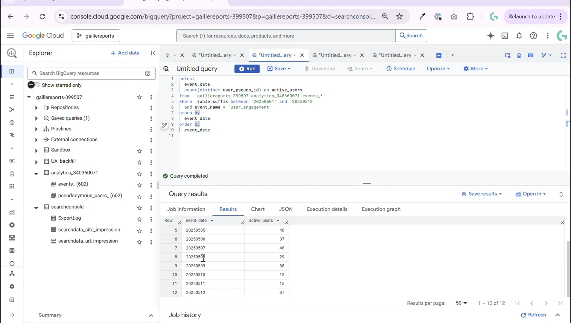 Query result showing daily active users