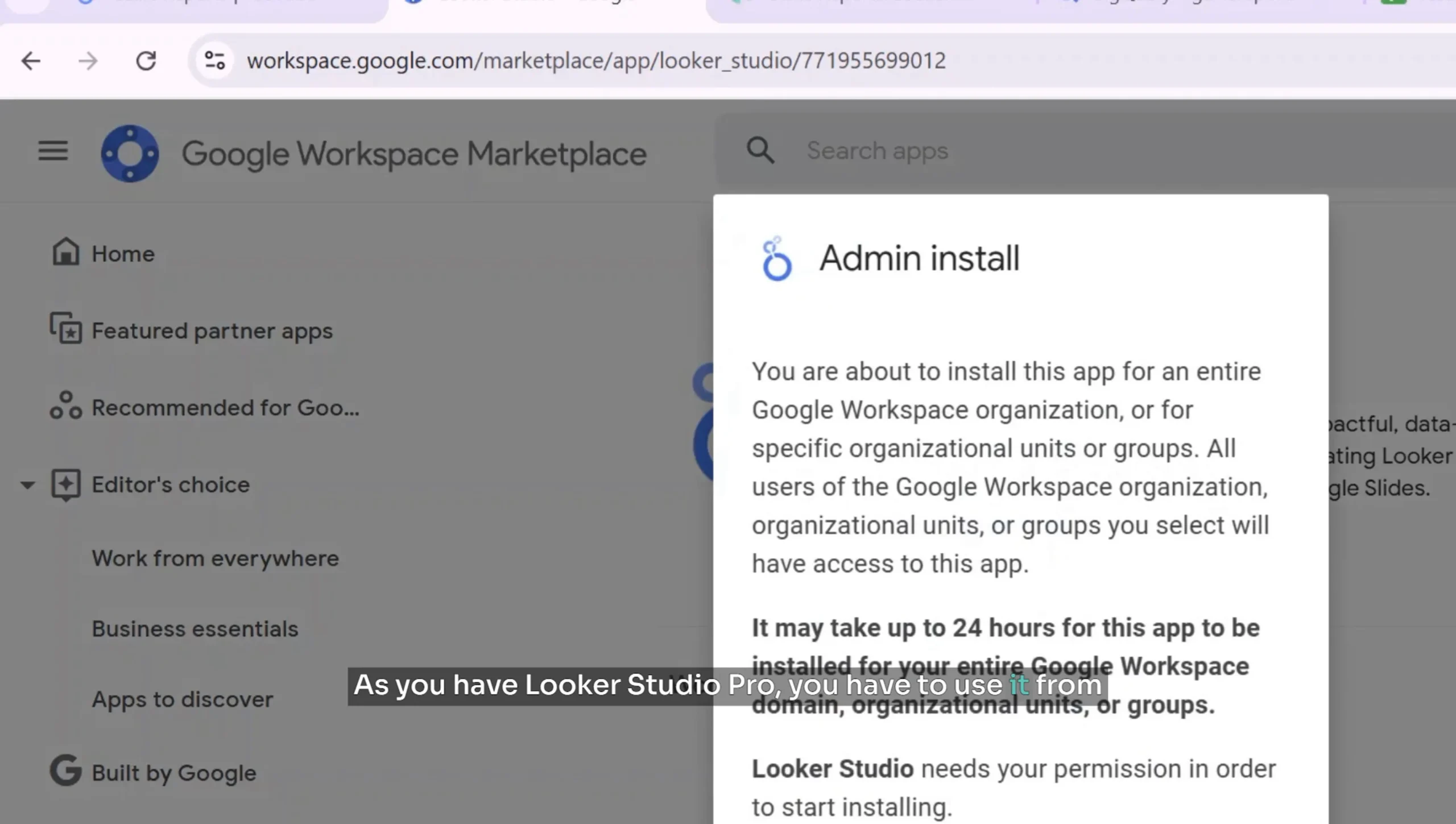 Gemini AI installation options in Looker Studio Pro