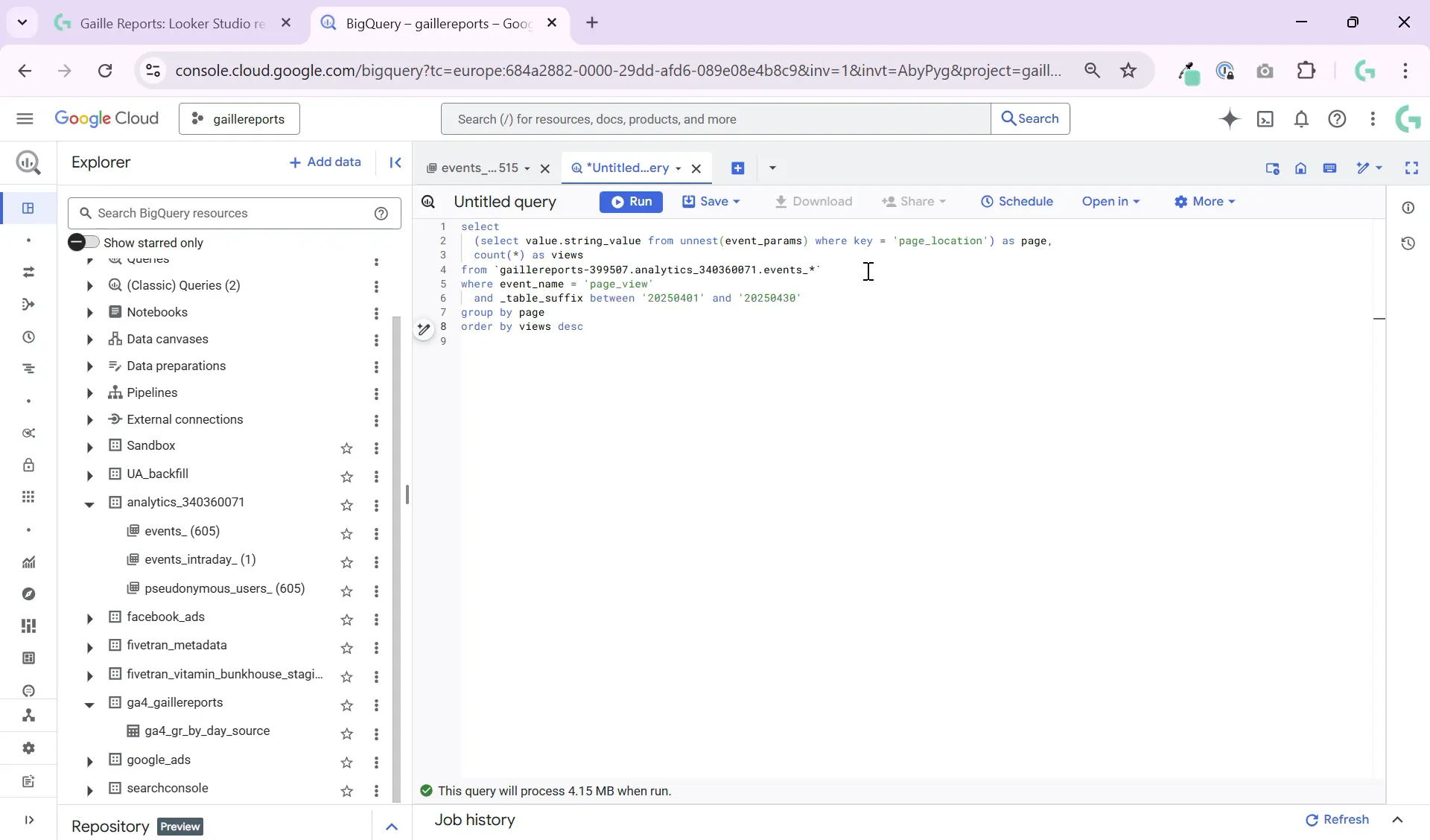 GA4 event parameters including page_location field in BigQuery