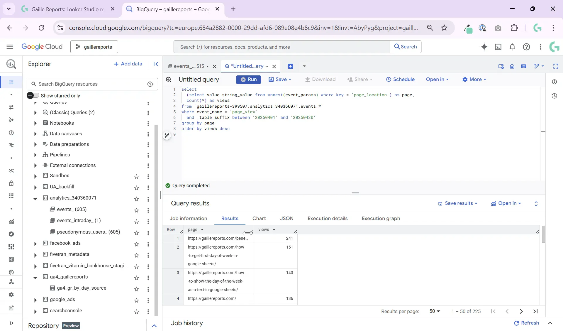 BigQuery results showing page URLs with counts of page views