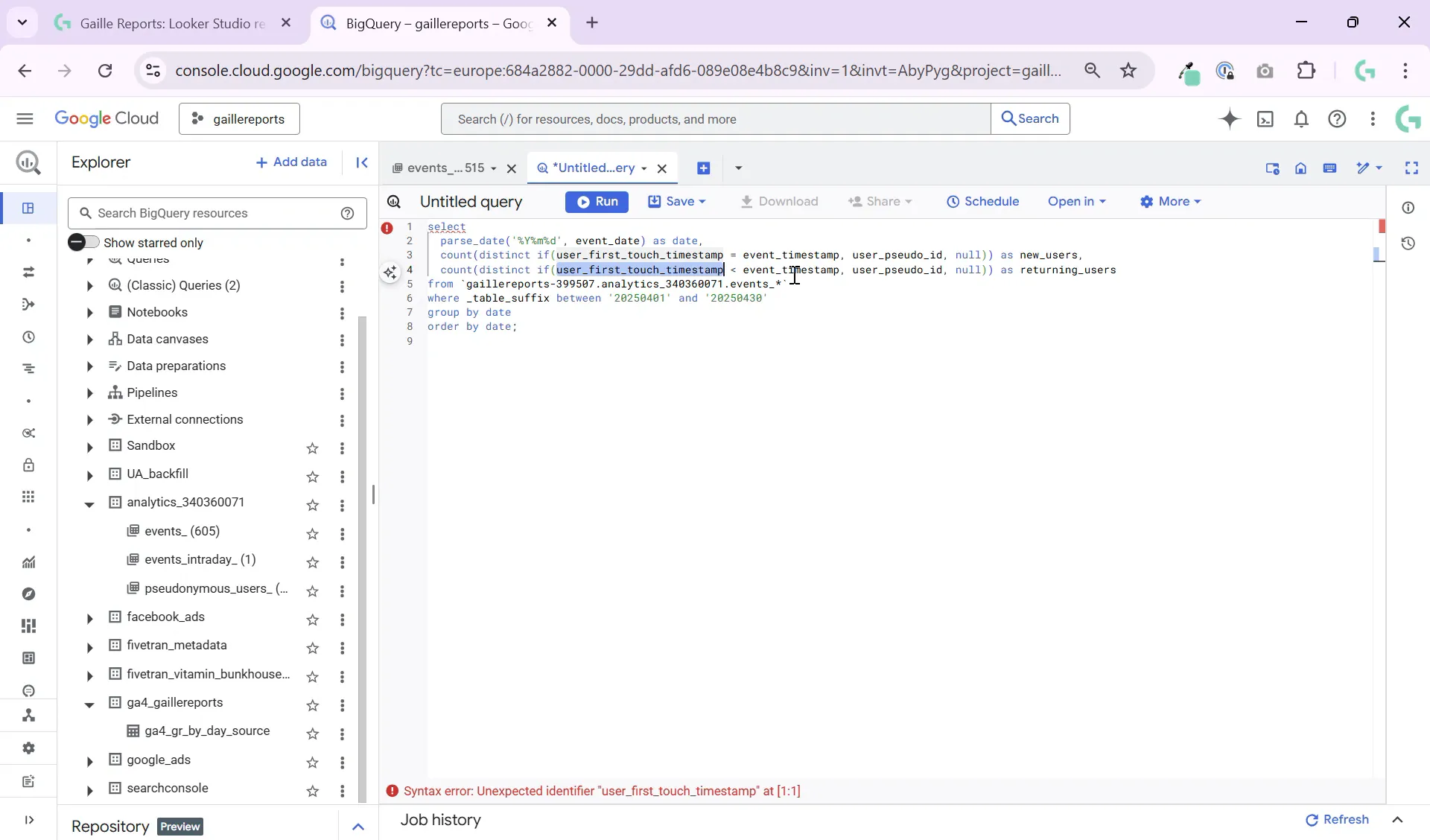 SQL query snippet comparing user_first_touch_timestamp and event_timestamp