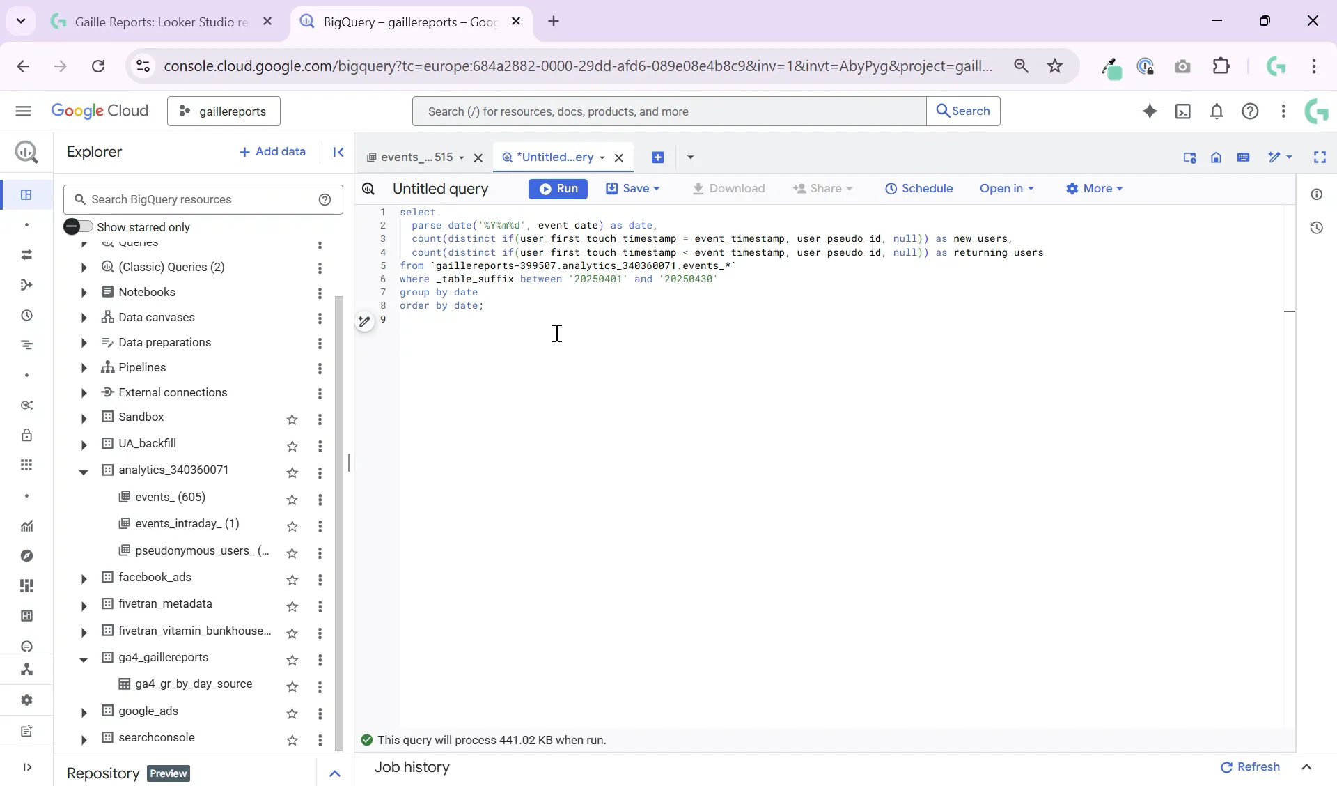 BigQuery SQL editor showing extended query integrating new vs returning user logic