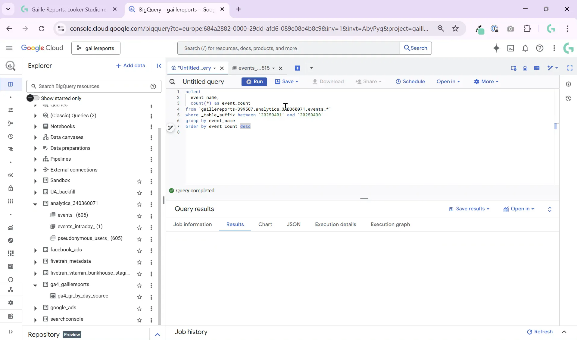 BigQuery SQL editor showing event count query with event_name and count