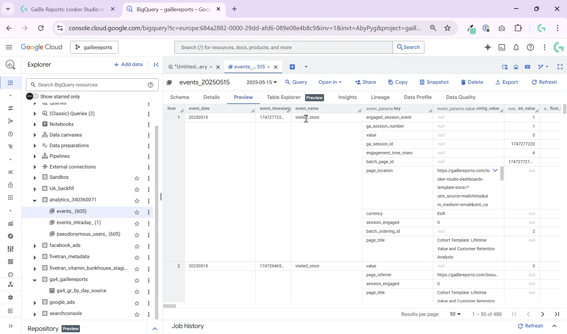 BigQuery events table schema preview showing event_name and other fields