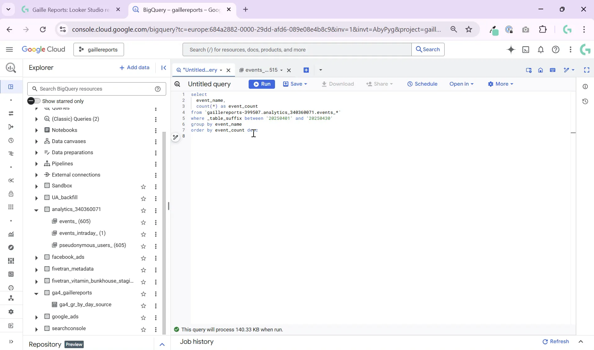 Query results showing event names and their counts in descending order
