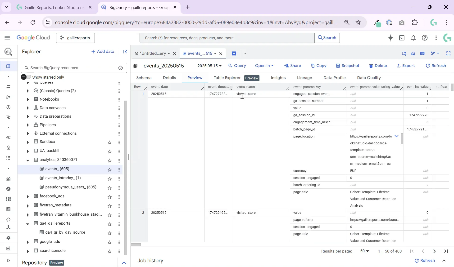Preview of GA4 events table in BigQuery showing each event as a row