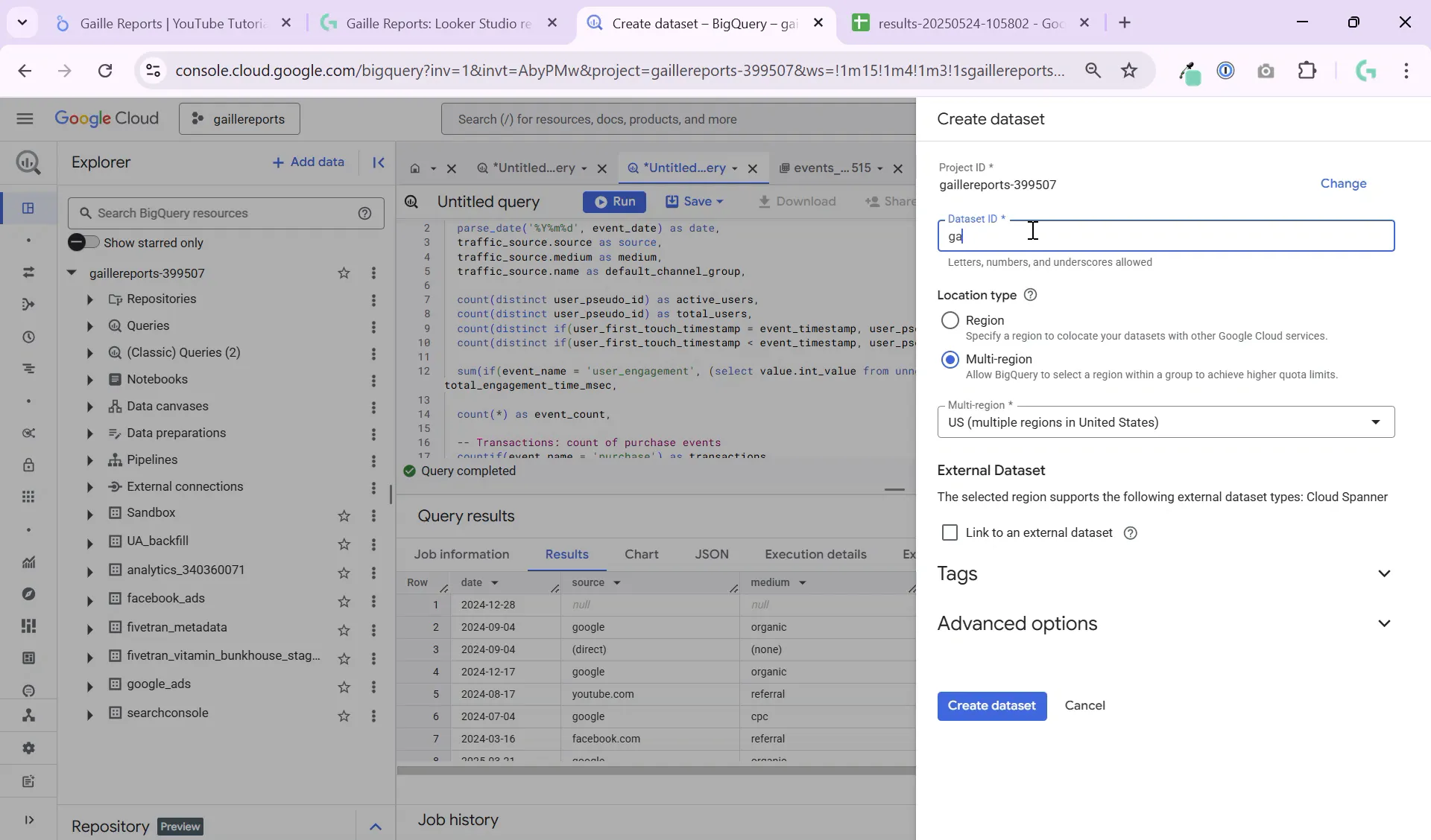 Creating a new dataset in BigQuery for reports