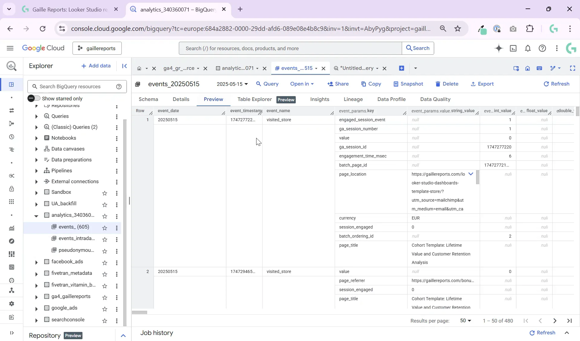 BigQuery GA4 events table showing event names