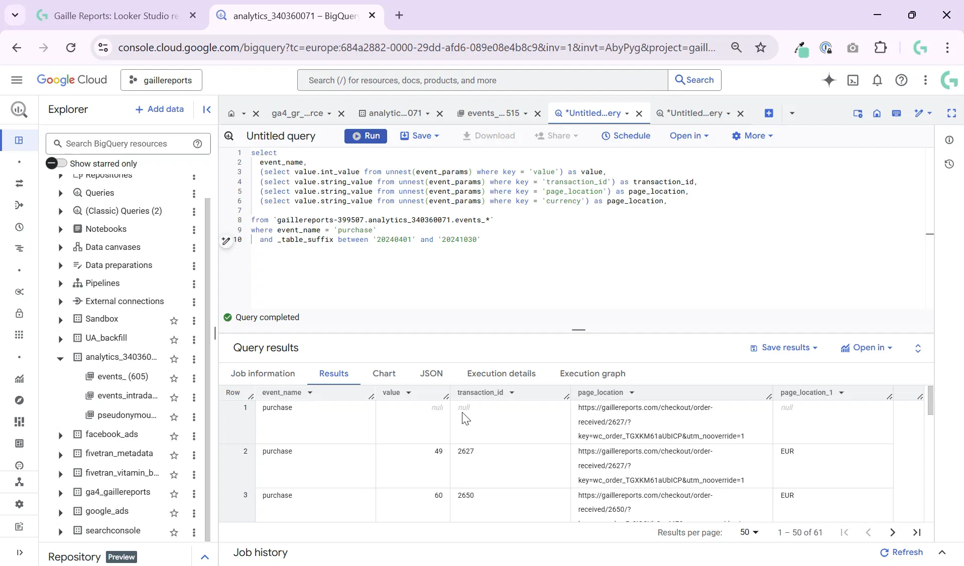Sample dashboard visualizing purchase revenue and transaction details