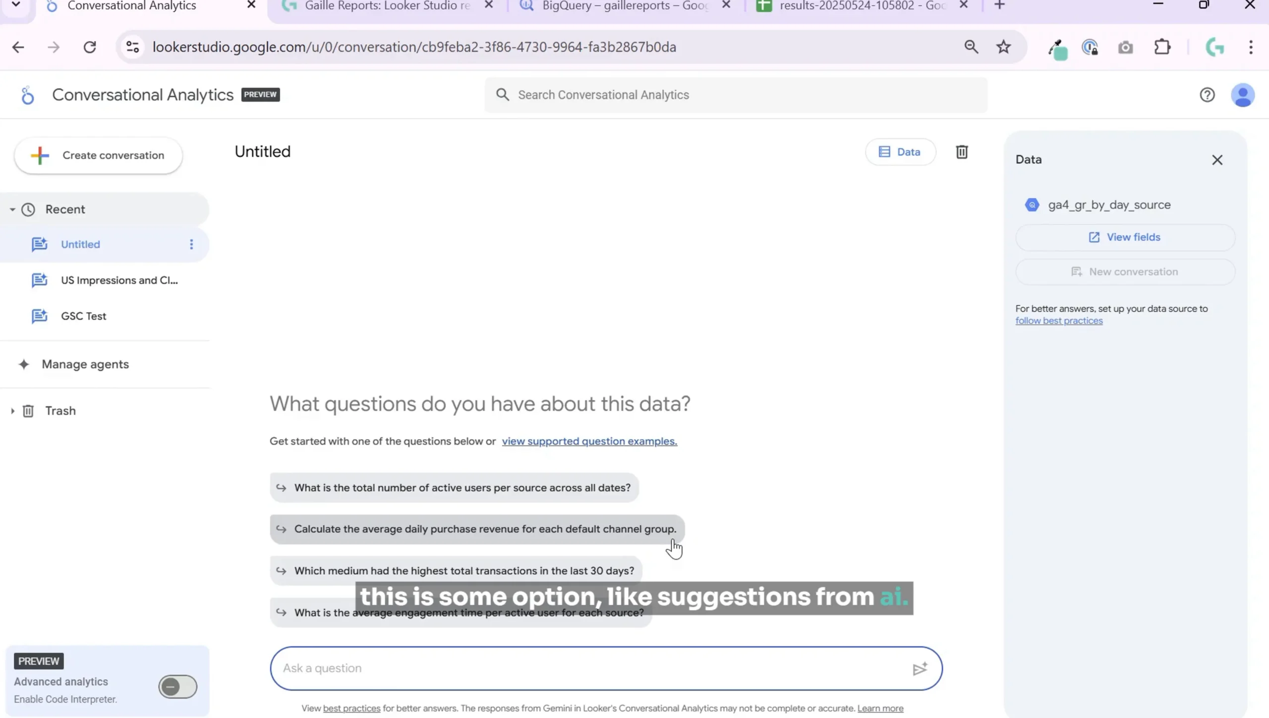 AI suggestions for queries on the dataset