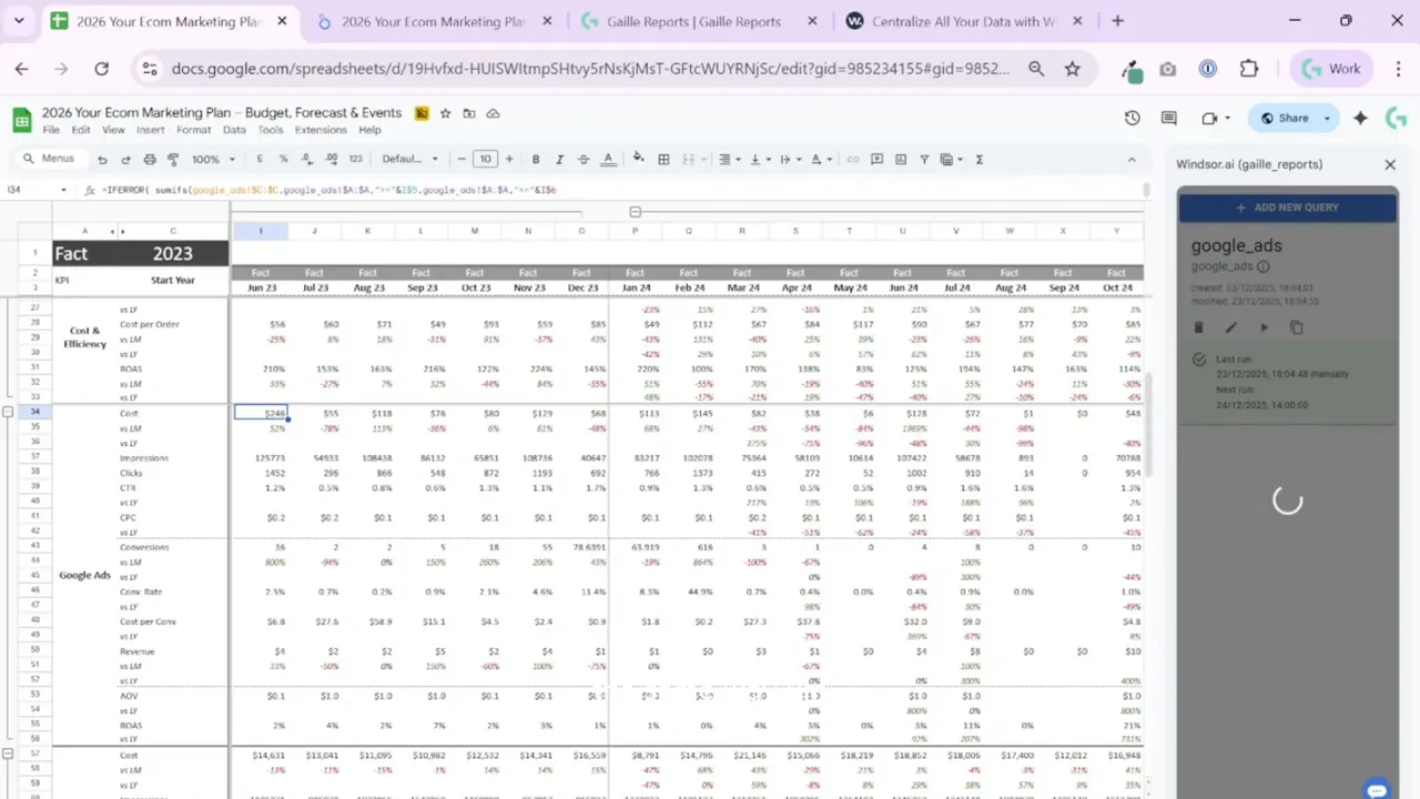 Clear Google Sheets Facts tab showing monthly KPI table for 2023 with Windsor.ai add-on visible