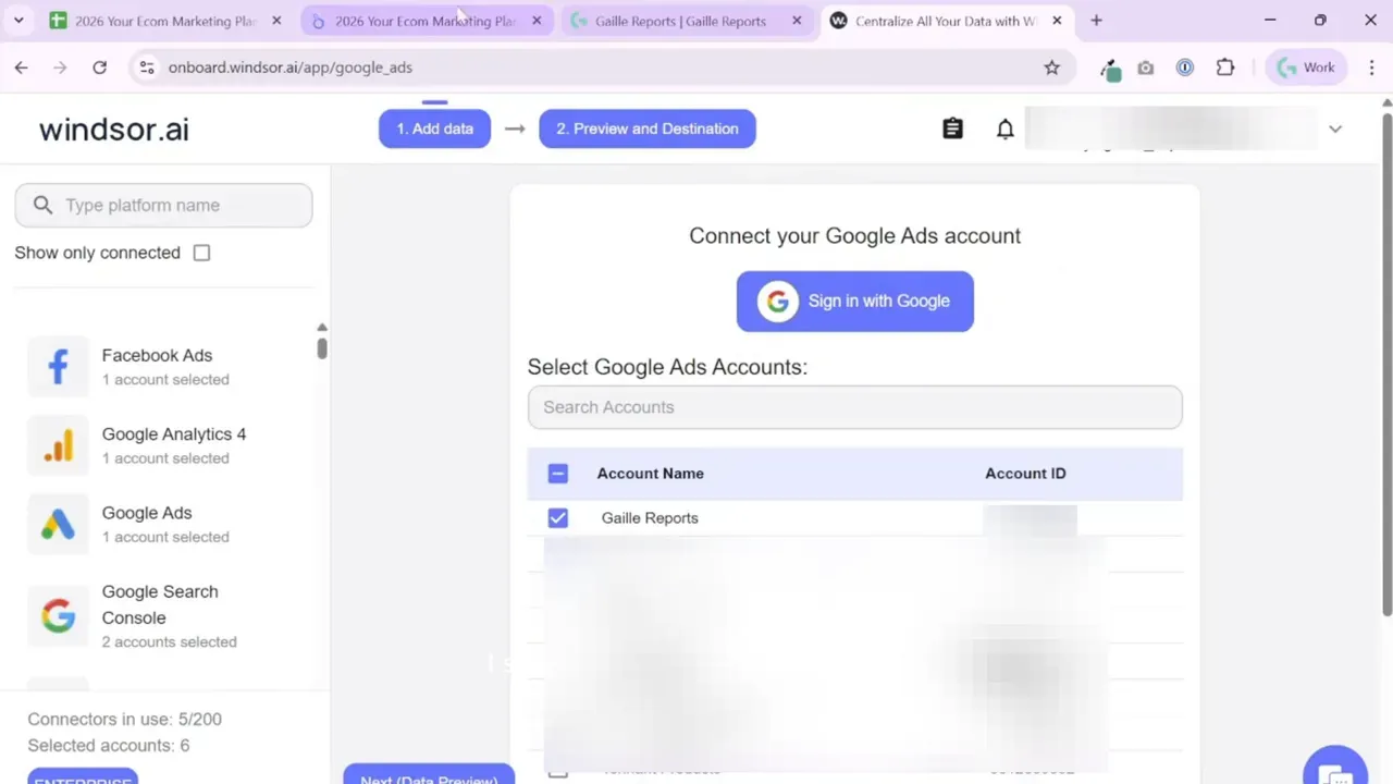Windsor.ai 'Connect your Google Ads account' screen showing a prominent 'Sign in with Google' button and a selectable list of Google Ads accounts.