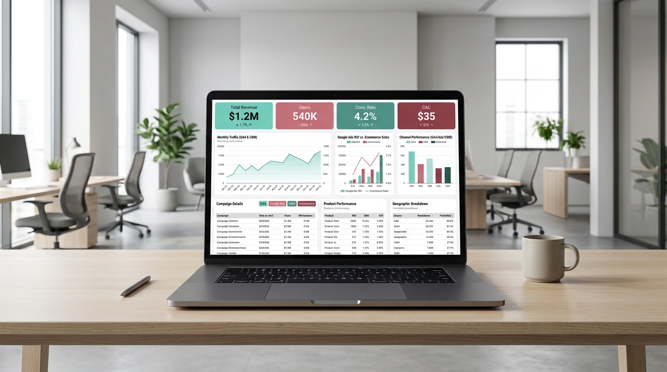 Looker Studio marketing dashboard on screen