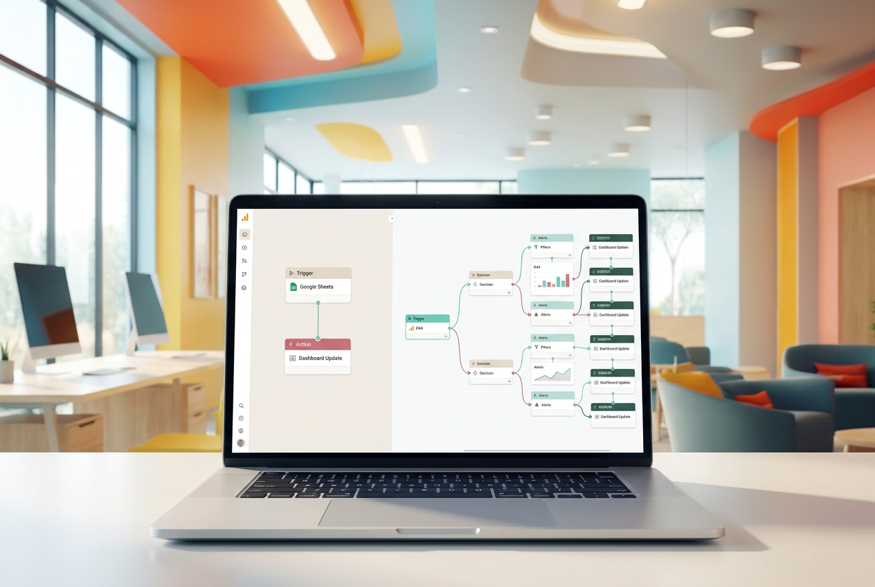 Workflow automation dashboard with branching paths