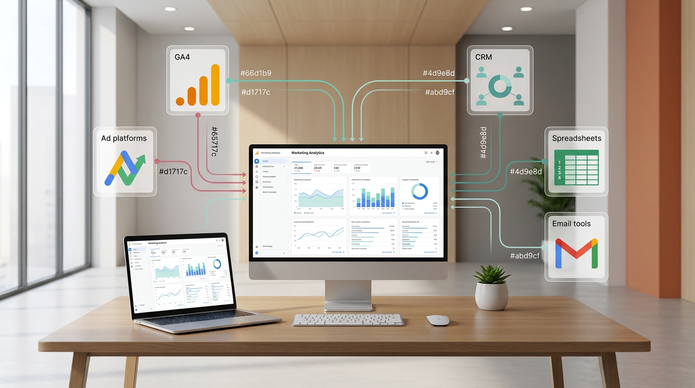 Marketing dashboard charts on laptop screen