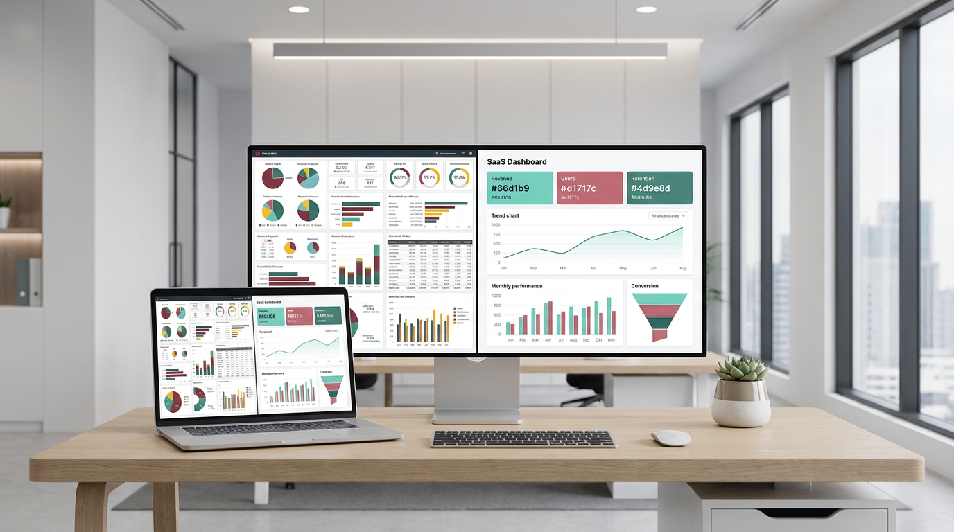 Marketing dashboard charts on laptop screen